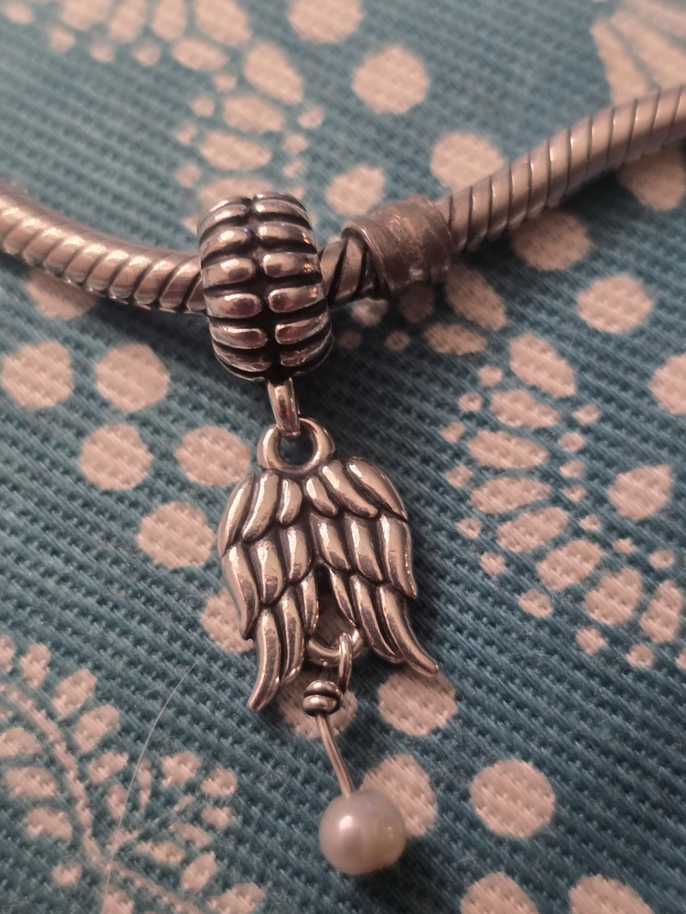 Pandora Sterling Silver Angel Wing Charm Bracelet Pendant with Pearl